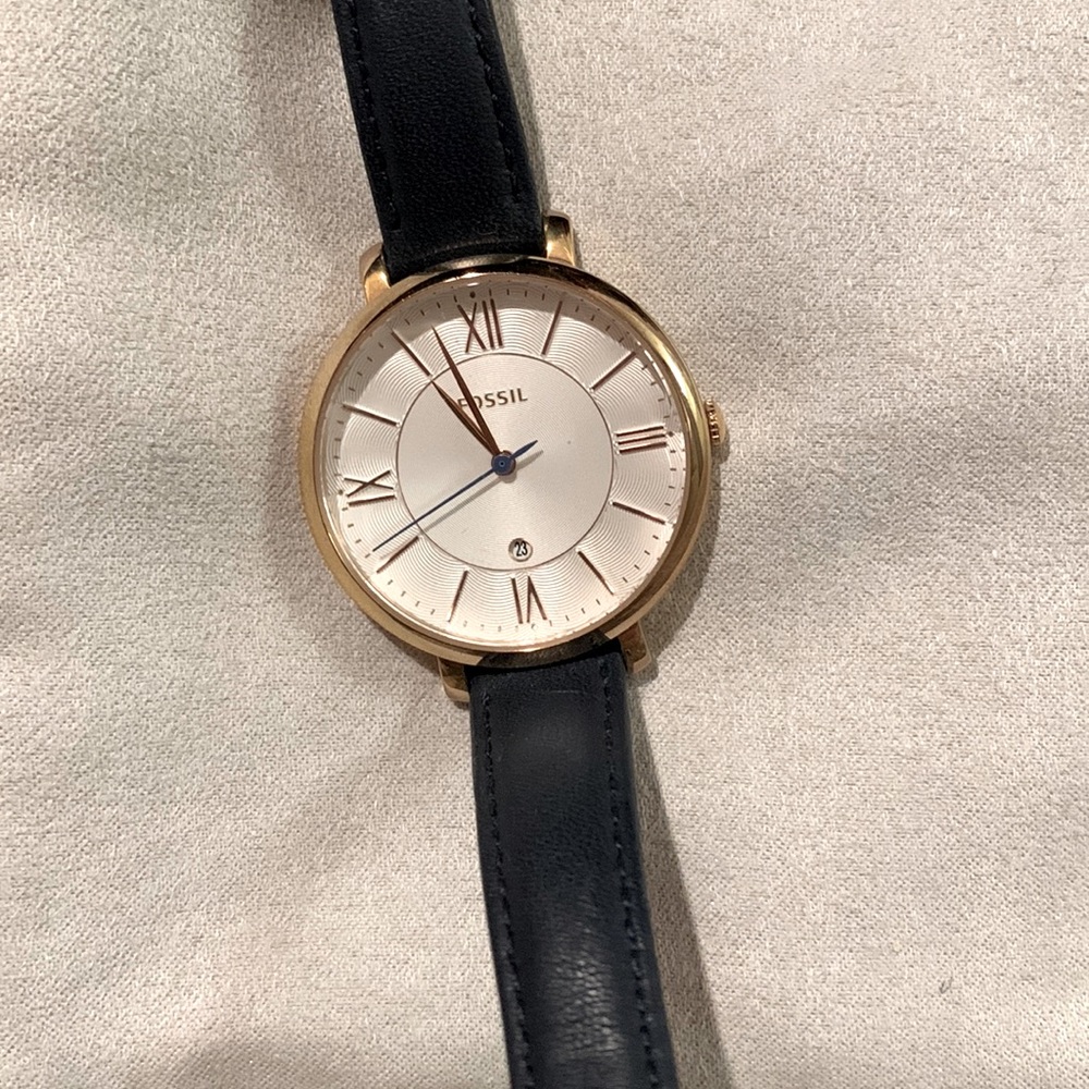 Fossil watch with navy leather band and rose gold accents